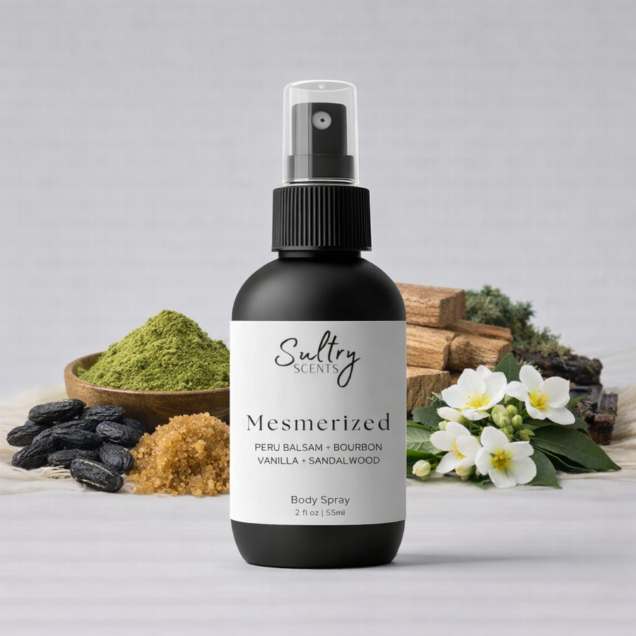 Sultry Scents Mesmerized Body Spray with notes of Peru Balsam, Bourbon, Vanilla, and Sandalwood, a Narcotica Happy Dust dupe