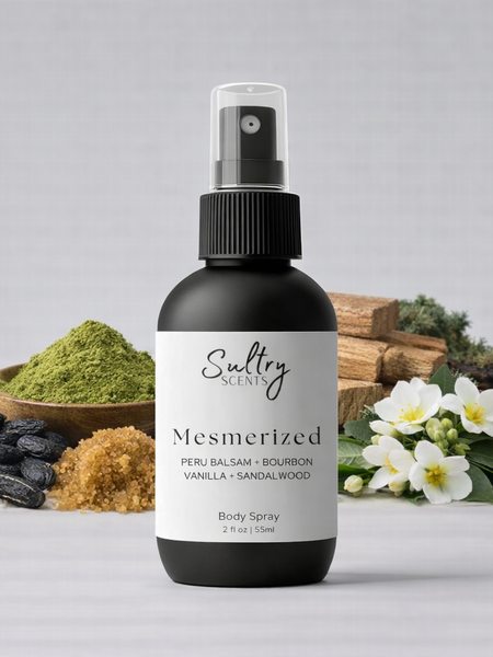 Sultry Scents Mesmerized Body Spray with notes of Peru Balsam, Bourbon, Vanilla, and Sandalwood, a Narcotica Happy Dust dupe