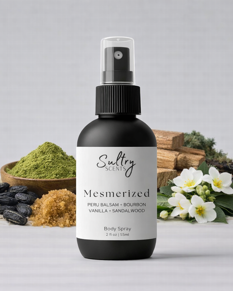 Sultry Scents Mesmerized Body Spray with notes of Peru Balsam, Bourbon, Vanilla, and Sandalwood, a Narcotica Happy Dust dupe