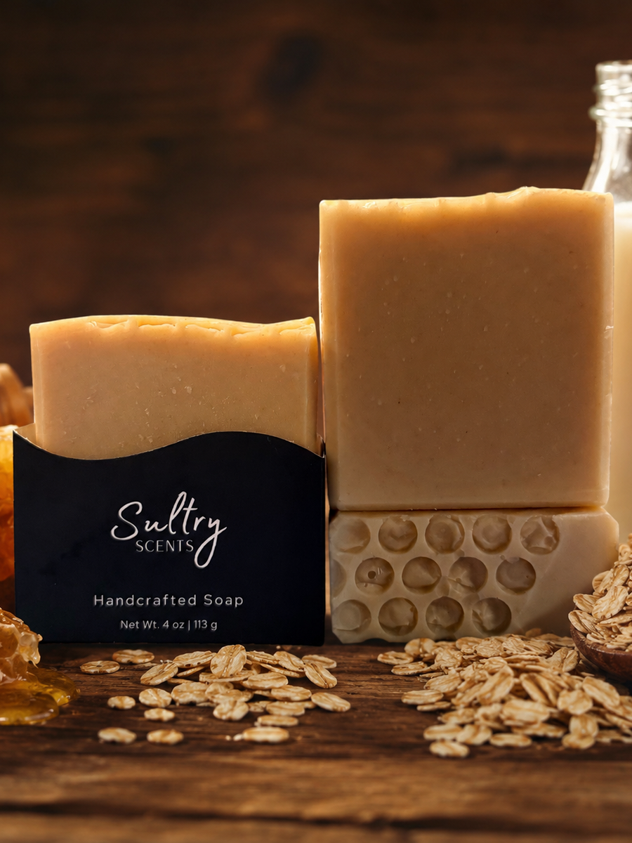 Natural Colloidal Oats Goat Milk Manuka Honey Soap from Sultry Scents displayed with honey and oats