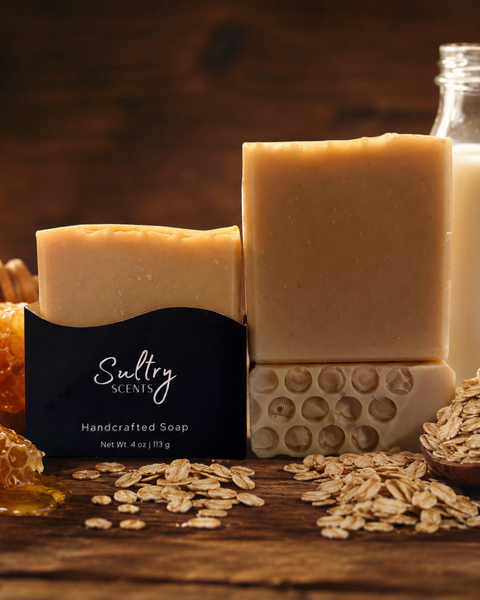 Natural Colloidal Oats Goat Milk Manuka Honey Soap from Sultry Scents displayed with honey and oats