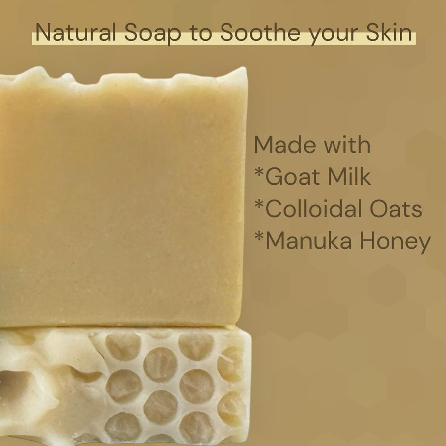 Natural Colloidal Oats goat milk Manuka honey soap showcased with a honeycomb texture