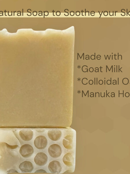 Natural Colloidal Oats goat milk Manuka honey soap showcased with a honeycomb texture