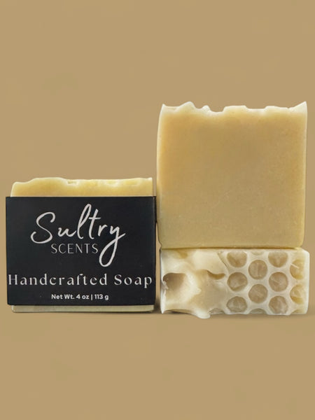 Sultry Scents handcrafted soap bars with honeycomb texture and smooth top natural Colloidal Oats goat milk Manuka honey soap
