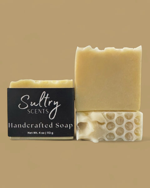 Sultry Scents handcrafted soap bars with honeycomb texture and smooth top natural Colloidal Oats goat milk Manuka honey soap