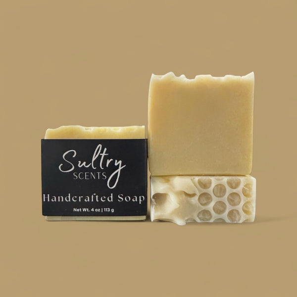 Sultry Scents handcrafted soap bars with honeycomb texture and smooth top natural Colloidal Oats goat milk Manuka honey soap