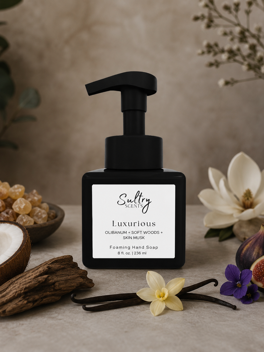 Sultry Scents Olibanum Inspired Foaming Hand Soap in a sleek pump bottle with floral and wood accents