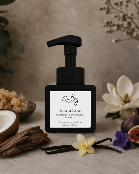 Sultry Scents Olibanum Inspired Foaming Hand Soap in a sleek pump bottle with floral and wood accents
