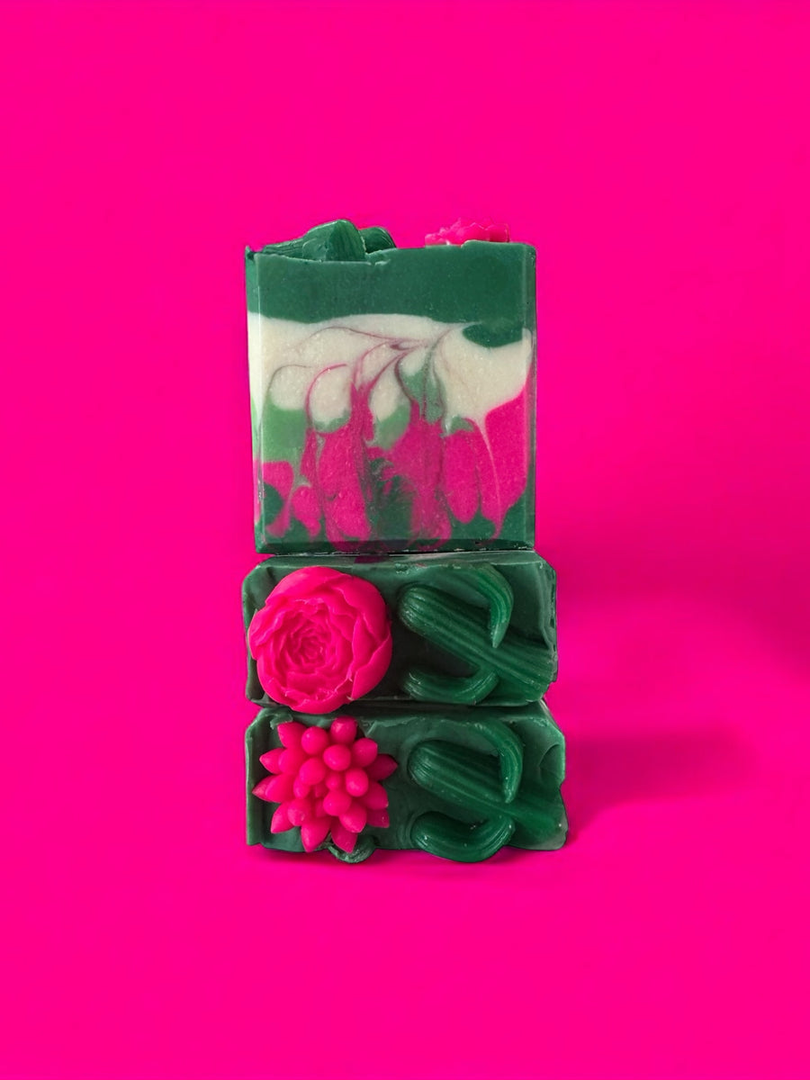 Pear Jam inspired handcrafted soap by Sultry Scents with green and pink floral design on bright pink background