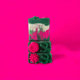 Pear Jam inspired handcrafted soap by Sultry Scents with green and pink floral design on bright pink background