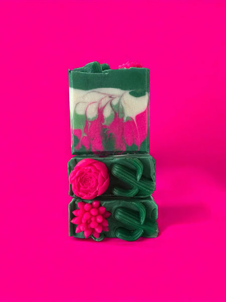 Pear Jam inspired handcrafted soap by Sultry Scents with green and pink floral design on bright pink background