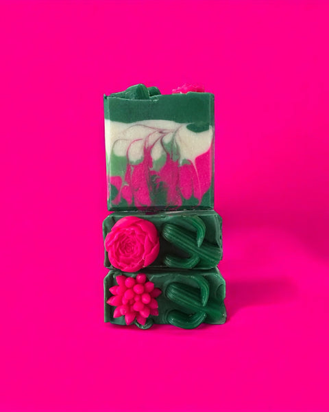 Pear Jam inspired handcrafted soap by Sultry Scents with green and pink floral design on bright pink background