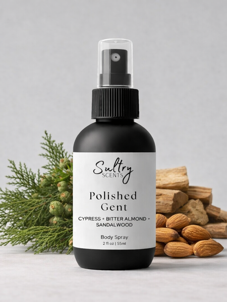 Sultry Scents Polished Gent Body Spray featuring cypress, bitter almond, and sandalwood, Pegasus dupe body spray