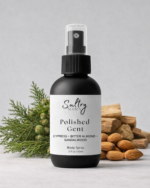 Sultry Scents Polished Gent Body Spray featuring cypress, bitter almond, and sandalwood, Pegasus dupe body spray