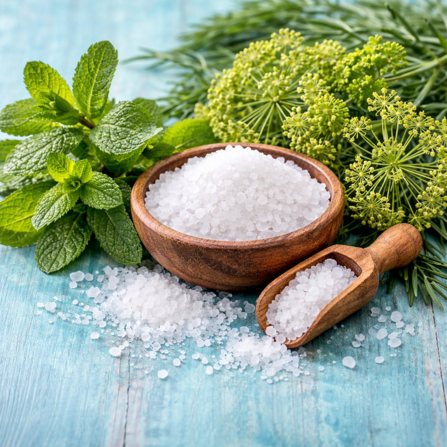 Natural ingredients for Peppermint Sea Salt Soap Bar featuring fresh mint and sea salt