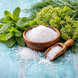 Natural ingredients for Peppermint Sea Salt Soap Bar featuring fresh mint and sea salt