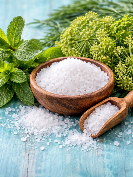 Natural ingredients for Peppermint Sea Salt Soap Bar featuring fresh mint and sea salt