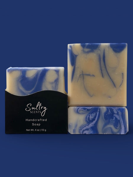 Peppermint Sea Salt Soap Bar from Sultry Scents with swirled blue and cream design