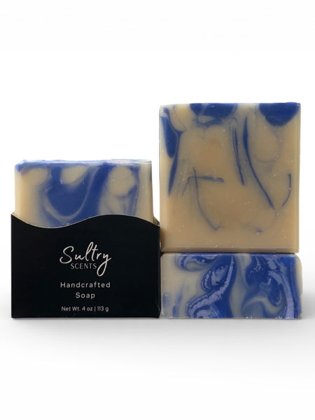 Sultry Scents Peppermint Sea Salt Soap Bar with swirls of blue in handcrafted design