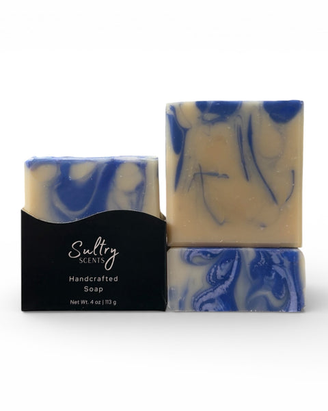 Sultry Scents Peppermint Sea Salt Soap Bar with swirls of blue in handcrafted design