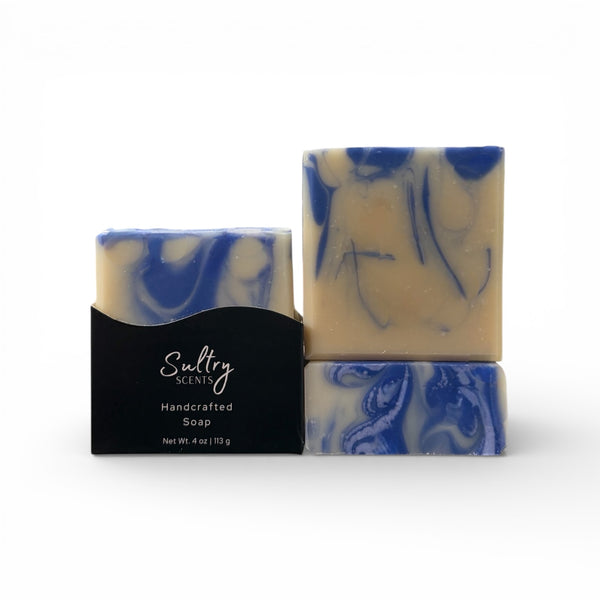 Sultry Scents Peppermint Sea Salt Soap Bar with swirls of blue in handcrafted design