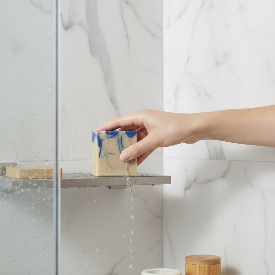 Peppermint Sea Salt Soap Bar held in hand in a modern shower setting with smooth marble tiles