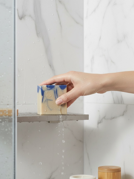 Peppermint Sea Salt Soap Bar held in hand in a modern shower setting with smooth marble tiles