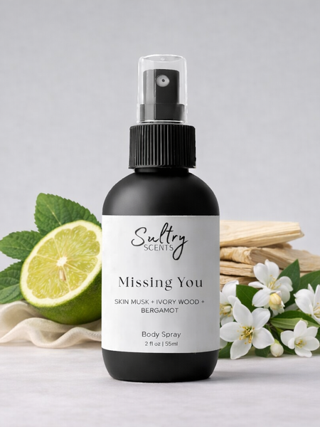 Sultry Scents Missing You body spray with skin musk, ivory wood, and bergamot for a refreshing scent.