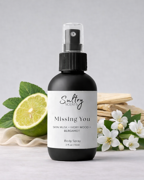 Sultry Scents Missing You body spray with skin musk, ivory wood, and bergamot for a refreshing scent.