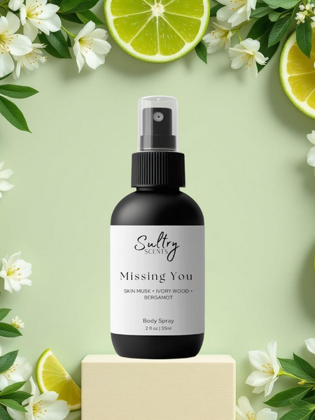 Sultry Scents body spray bottle on pedestal with citrus and jasmine accents Phlur Missing Person inspired body spray