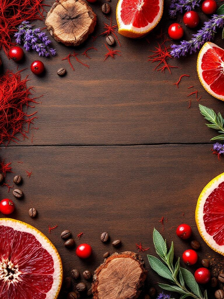 Polo Red inspired body spray natural ingredients including red grapefruit, saffron, cranberries, lavender, sage, coffee beans, and redwood on wooden surface