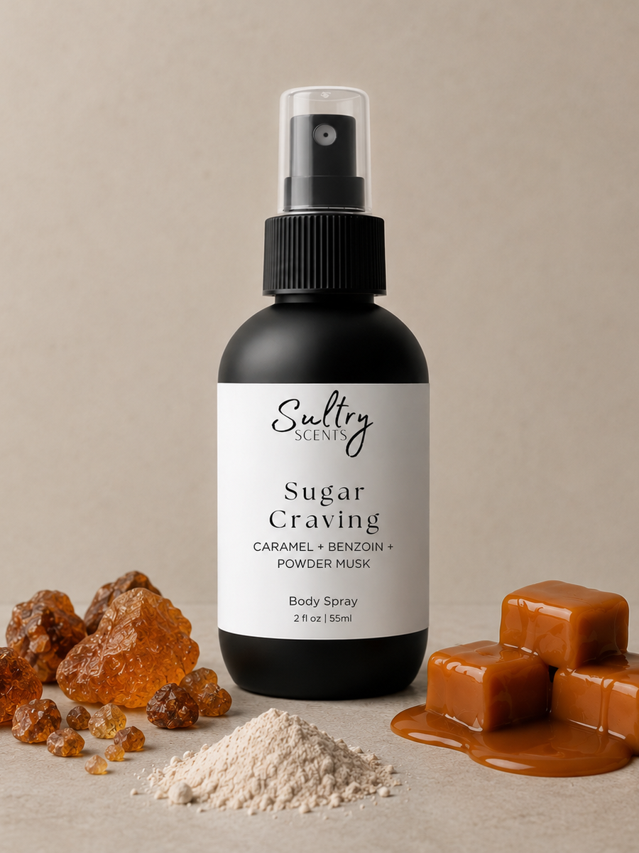 Sultry Scents Sugar Craving Body Spray inspired by Prada Candy with caramel, benzoin, and powder musk notes