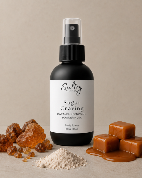 Sultry Scents Sugar Craving Body Spray inspired by Prada Candy with caramel, benzoin, and powder musk notes