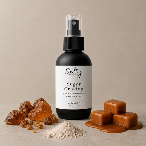 Sultry Scents Sugar Craving Body Spray inspired by Prada Candy with caramel, benzoin, and powder musk notes