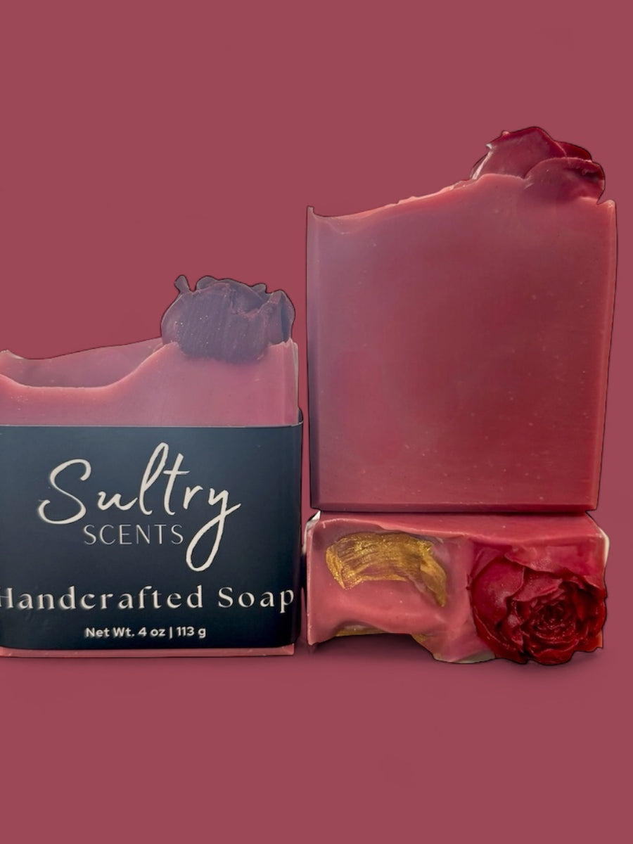 Sultry Scents handcrafted red wine perfume soap bars with floral and gold accents
