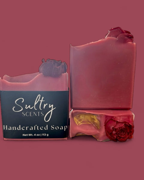 Sultry Scents handcrafted red wine perfume soap bars with floral and gold accents