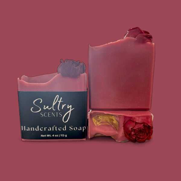 Sultry Scents handcrafted red wine perfume soap bars with floral and gold accents