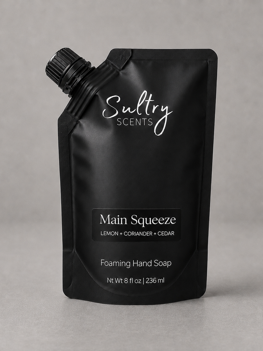 Sultry Scents Main Squeeze Foaming Hand Soap with Lemon, Coriander, and Cedar, inspired by Replica Under the lemon tree in sleek black 8oz refill pouch