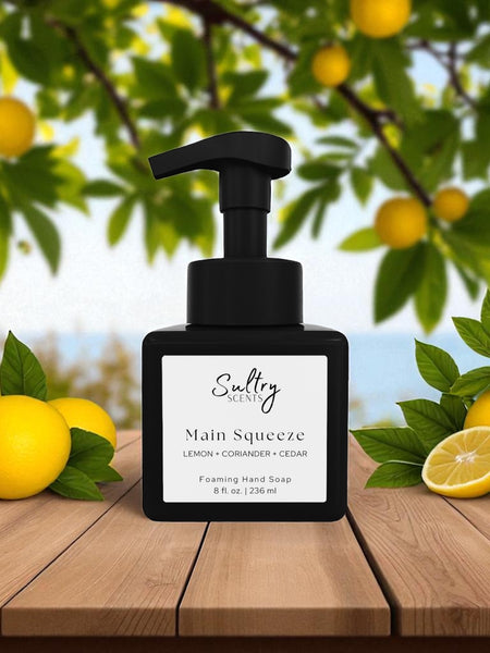 Sultry Scents Replica Under the lemon tree inspired foaming hand soap in a sleek black pump bottle