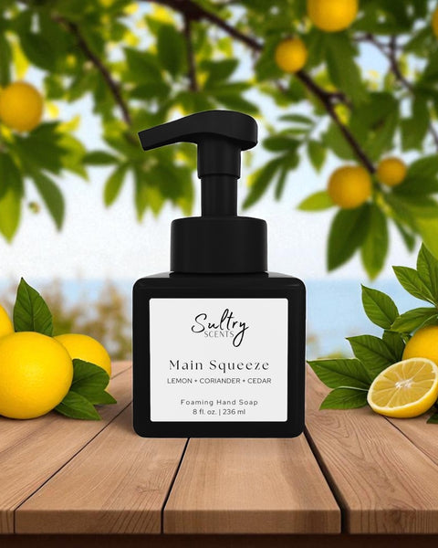 Sultry Scents Replica Under the lemon tree inspired foaming hand soap in a sleek black pump bottle