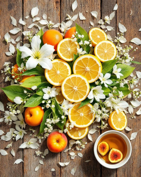 Fresh citrus and floral arrangement with sliced oranges and white flowers for Ritz Carlton Water Tower Place inspired room Spray