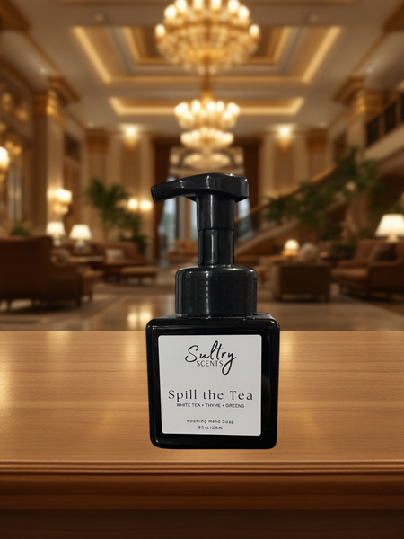 Sultry Scents Spill the Tea foaming hand soap bottle in luxurious setting Ritz hotel inspired foaming hand soap