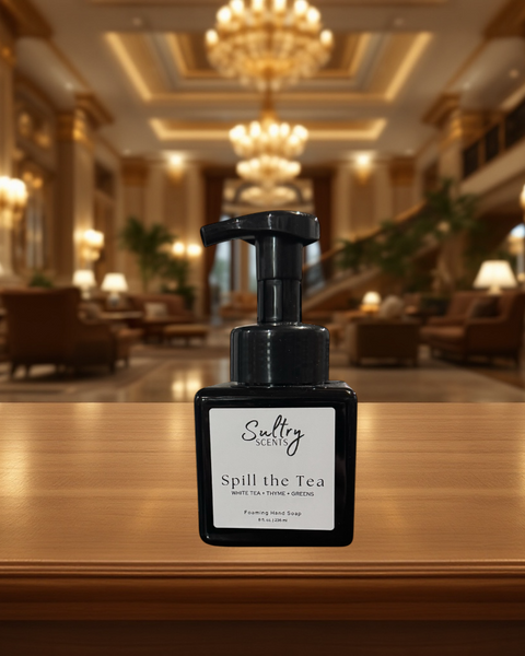 Sultry Scents Spill the Tea foaming hand soap bottle in luxurious setting Ritz hotel inspired foaming hand soap