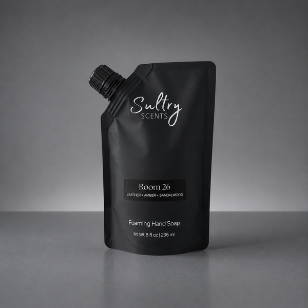 Room 26 foaming hand soap inspired by Santal 26 in a sleek black pouch for premium hand care