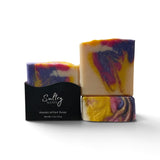 Rose Honey Handmade Soap by Sultry Scents with vibrant swirls of purple and yellow colors