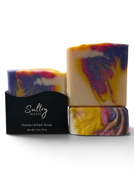 Rose Honey Handmade Soap by Sultry Scents with vibrant swirls of purple and yellow colors