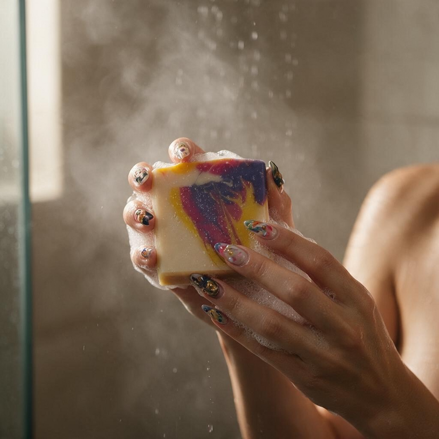 Rose Honey Handmade Soap held in hands with a colorful swirl design for a luxurious bathing experience