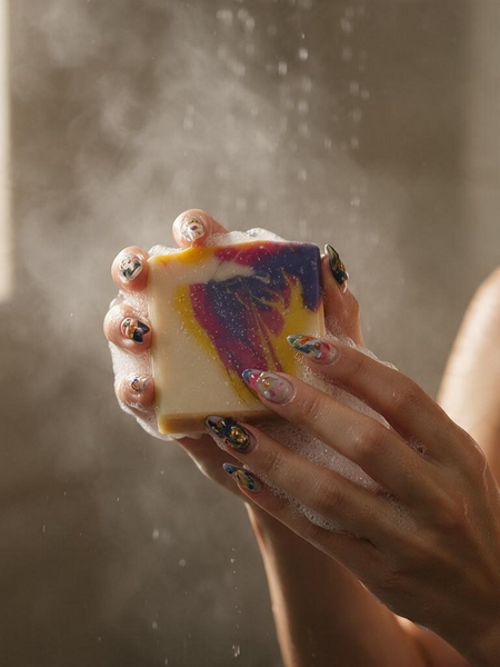 Rose Honey Handmade Soap held in hands with a colorful swirl design for a luxurious bathing experience