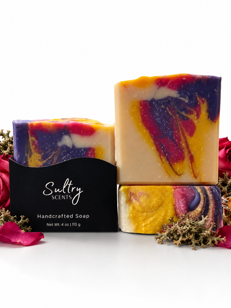 Rose Honey Handmade Soap by Sultry Scents with vibrant swirls and floral accents