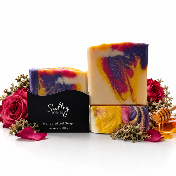 Rose Honey Handmade Soap by Sultry Scents with vibrant swirls and floral accents